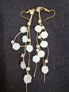 Gold Tone Drop Earrings with Pale Mint Floral Accents